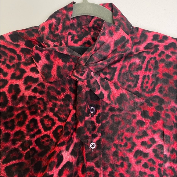 Vintage Pink Bow Puff Sleeves Animal Print Shirt 100% cotton - Picture 3 of 9